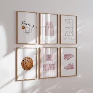 Stampe artistiche per cameretta con tema basket rosa: decorazioni sportive con nome personalizzato (download digitale)