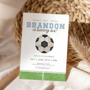以下が含まれることがあります： サッカーをテーマにした誕生日招待状。「READY. SET. GOAL! BRANDON is turning six!」というテキスト。サッカーボールのグラフィックと、パーティーの詳細（日付、時間、場所）が含まれています。下部には緑のフィールドのデザインがあります。