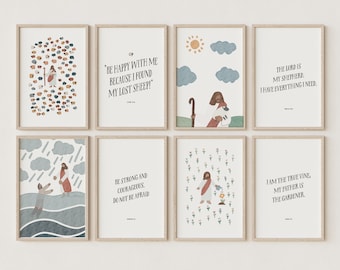May include: Set of 6 printable wall art prints featuring illustrations of Jesus with inspirational quotes from the Bible. The prints are in a watercolor style with a light blue, brown, and white color scheme.