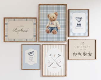 Blue Vintage Polo Teddy Bear Art | Custom Name Initial Print | Sports Boy Nursery Decor | Digital Download