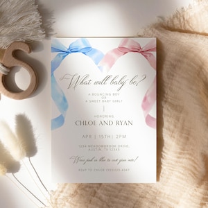 Invitation Quel sera le bébé, modèle de thème modifiable pour le sexe révéler, baby shower de noeud rose et bleu, téléchargement numérique