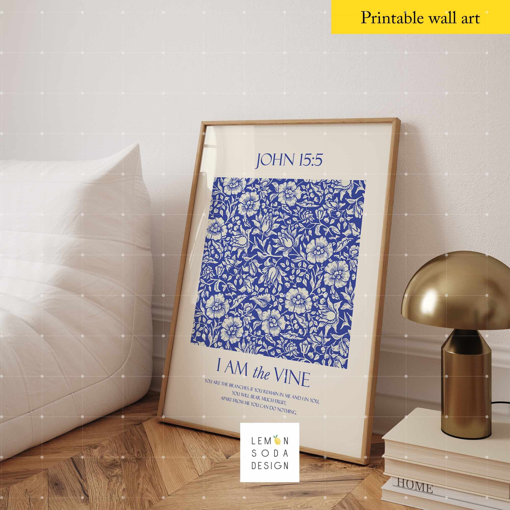 I Am the Vine John 15:5 Printable Blue Vintage Floral Pattern Bible ...