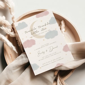 Faire-part de baby shower scintillant scintillant petite étoile, modèle de douche de révélation de sexe modifiable, thème lune et étoiles, téléchargement numérique