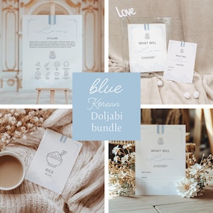 Blue Doljabi set, Editable Korean baby boy First Doljabi template, Traditional Doljabi label, Self Doljanchi, Digital download, 0304
