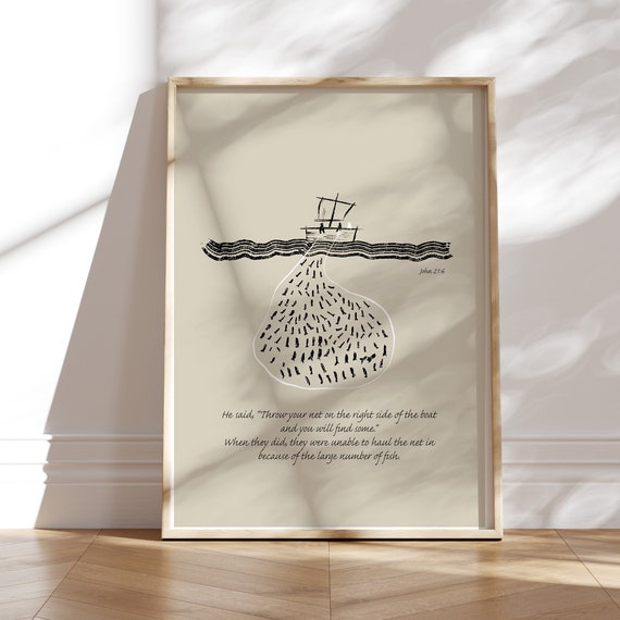 Jesus Miraculous Catch of Fish Art: Modern Christian Bible Sketch (Digital Download)