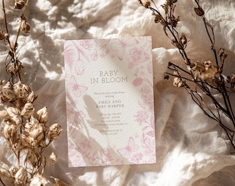 Pink Toile de Jouy Baby Shower Invitation Floral Baby Girl Editable Template