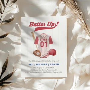 Batter Up Baseball Jersey Birthday Invitation, Red Watercolor Editable Template, Classic Boys Party Invite, Minimal Modern Sports Download