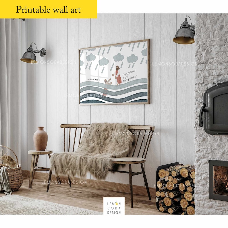 May include: A watercolor illustration of a person walking with a child in the rain. The illustration is framed and hanging on a white wall in a living room setting. The text in the illustration reads "The Lord will fight for you; you need only to be still." Matthew 14:30.