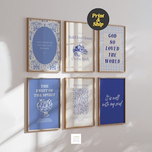 Blue Christian Bible verse Gallery wall art physical poster set of 6, Modern Aesthetic scripture wall art, contemporary religious decor 236