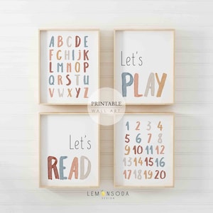 Printable Lets Play Lets Read Wall Art, Set of 4 Earthy Nursery Wall Decor, Boho Nursery Wall Art, Play room Wall Art, Instant download art