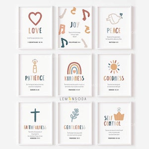 Kids the fruit of the spirit set of 9 printables Boho Christian nursery wall decor Sunday school poster Watercolor preschool wall Decor