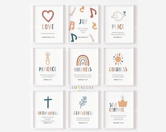 Kids the fruit of the spirit set of 9 printables Boho Christian nursery wall decor Sunday school poster Watercolor preschool wall Decor