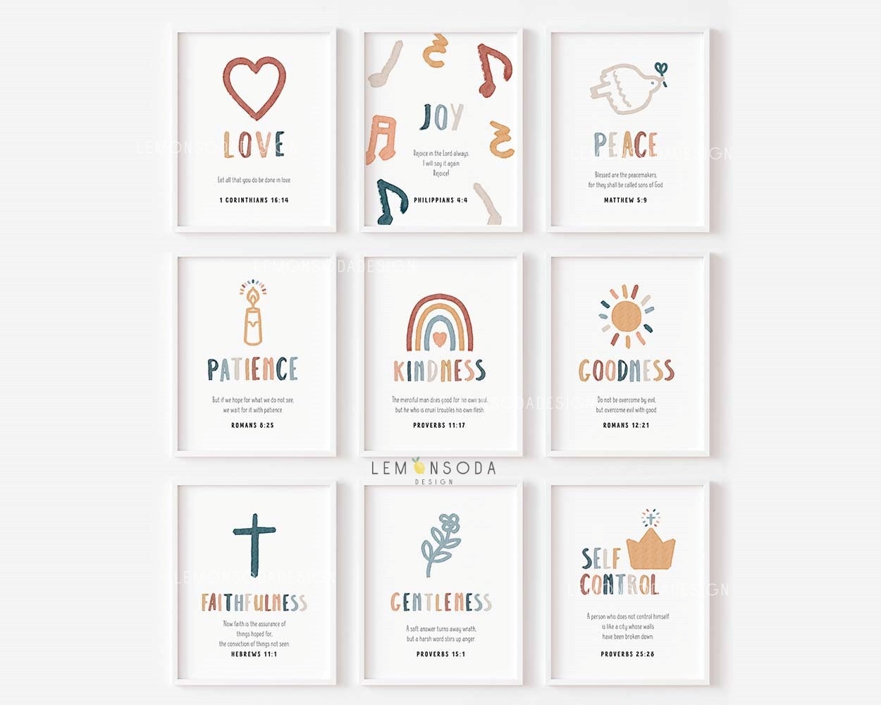 Kids the fruit of the spirit set of 9 printables Boho Christian nursery wall decor Sunday school poster Watercolor preschool wall Decor