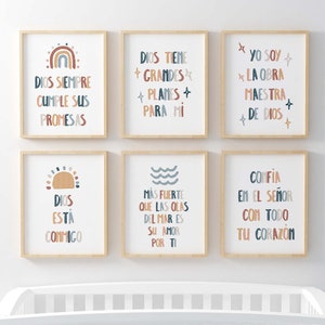 Conjunto de 6 impresiones de versículos bíblicos para niños en español, guardería cristiana imprimible Boho Escritura neutral pared arte iglesia guardería impresión paquete 38
