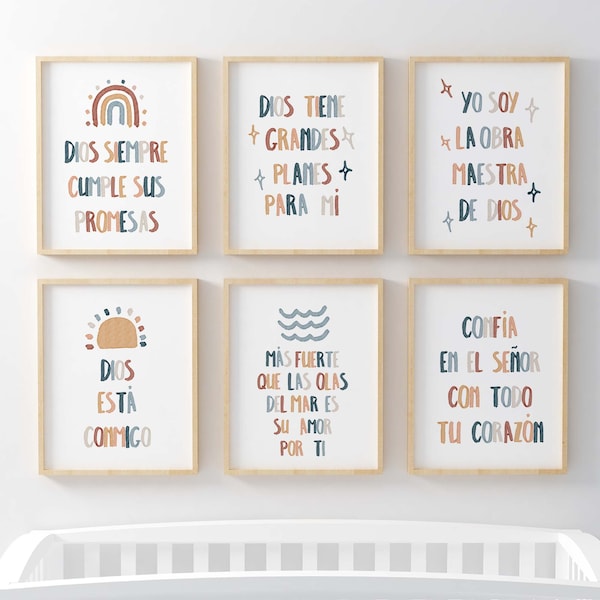 Set of 6 Kids bible verse prints in Spanish, Printable Christian Nursery Boho Neutral Scripture Wall Art Church Nursery Room print Bundle 38