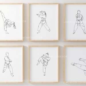Martial arts printables set of 6 Taekwondo Karate Kids sports theme wall decor minimalist line drawing kick black and white modern nursery