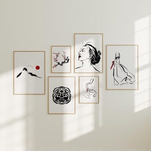 Set of 6 Korean Hanbok Woman Print Line Drawing Art Printable Korean Traditional Wall Art Minimalist Korean Line Drawing Digital download