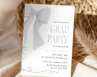 Blue Bow Graduation Party Invite Coquette Preppy Girl Editable Template