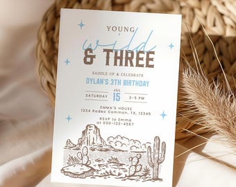 Young Wild and Three Invitation Boy 3rd Birthday Cowboy Western Editable Template