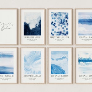 Set of 8 7 Name of God Printable wall art Tsidkenu Nissi Raah Jehovah Jireh Rapha Shalom Shammah Watercolor scripture Church wall decor