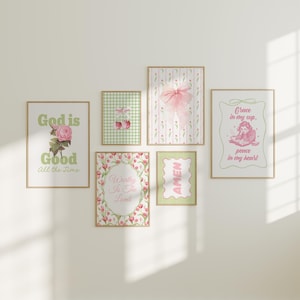 Roze groen esthetische christelijke bijbelvers set van 6, digitale Girly Cottagecore Coquette Preppy schriftkunst aan de muur, religieuze inrichting slaapzaal