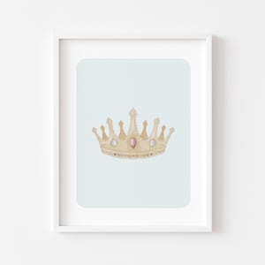 Impressão digital para berçário Blue Crown, arte de parede com estampa de coquete azul, decoração de parede com princesa em aquarela vintage, arte de parede estética e caprichosa para quarto de meninas