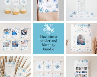 May include: A collection of winter-themed party supplies, including cupcake toppers, gift bag tags, water bottle labels, photo cards, and a birthday poster. The designs feature blue snowflakes and the text "Winter" and "Thank You".