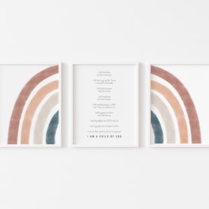 Boho Kindergarten Bibel Wanddekoration, Kinder Bibel Affirmation Wandkunst, 3er-Set Regenbogen Drucke, christliche Sonntagsschulbibel Wanddekoration Schrift