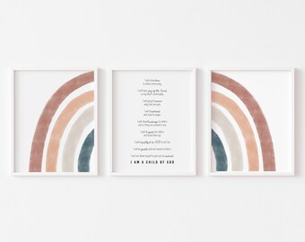 Könnte beinhalten: Drei Aquarell-Regenbogen-Drucke auf weißem Hintergrund. Der mittlere Druck enthält ein Zitat, das lautet: "Ich werde jeden Tag Liebe zu anderen zeigen. Ich werde die Freude des Herrn in meinem Herzen ständig haben. Ich werde nur für Frieden beten, aber für Frieden kämpfen. Ich werde für Frieden fasten. Ich werde geduldig und langsam zum Zorn sein. Ich werde anderen gegenüber freundlich sein, auch wenn sie unfreundlich zu mir sind. Ich werde Gutes für andere tun und sie aufbauen. Ich werde Gott in allem, was ich tue, treu sein. Ich werde friedlich sein und nicht gemein zu anderen. Ich werde mich nicht außer Kontrolle geraten lassen. ICH BIN EIN KIND GOTTES."