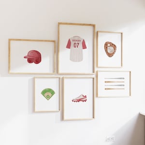 野球の保育室ギャラリーの壁アート、スポーツ保育室の装飾、パーソナライズされた子供用スポーツ壁アートセット、カスタム名、ベビーシャワーギフト
