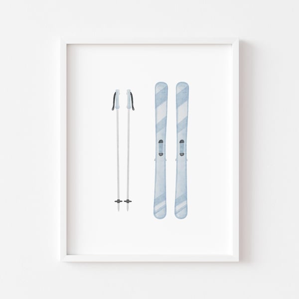 Blue Skis and Poles Sports Nursery Wall Art For Boys Room, Digital Download