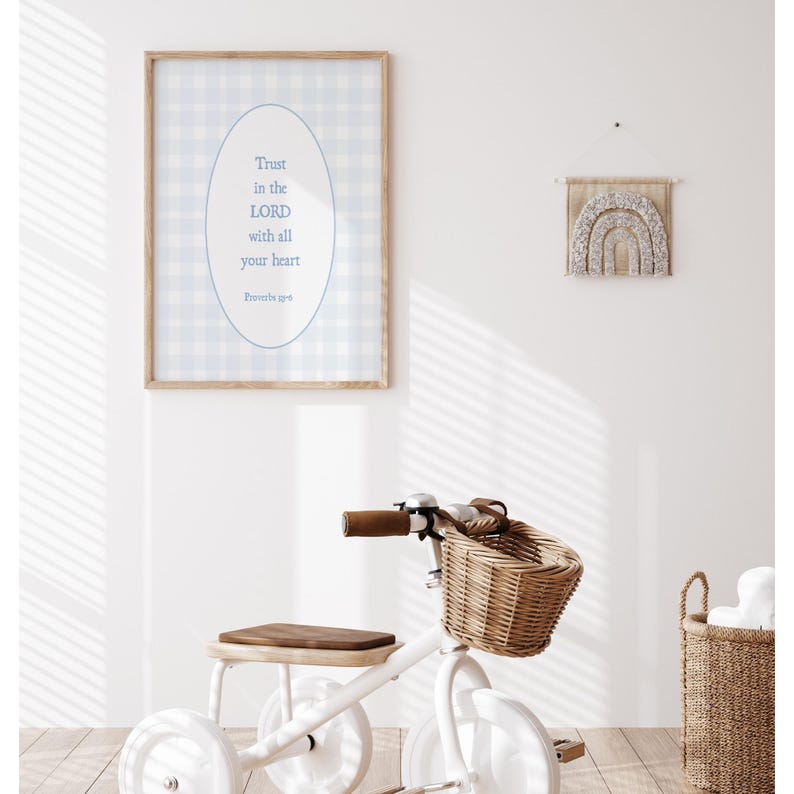 Blue Christian Kids Room Decor, Trust in the Lord, Blue Gingham Pattern