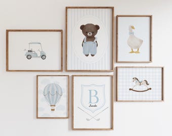 Blue baby boy room decor, wall art prints set of 6, Custom name initial wall art set, Whimsical nursery decor, hot air balloon, teddy bear