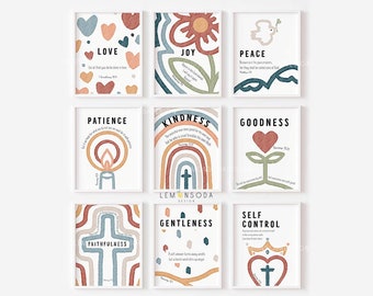the fruit of the spirit set of 9 printables Boho Kids bible Christian nursery church Sunday school class room poster Watercolor wall art