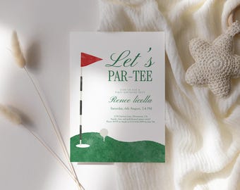 May include: A white invitation card with the text "Let's PAR-TEE" in green script, featuring a golf course illustration with a red flag. The card includes event details and is set against a white fabric background.