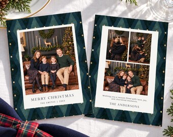 Navy Harlequin Christmas Photo Card Template Preppy Family Holiday Greeting Digital or Printed