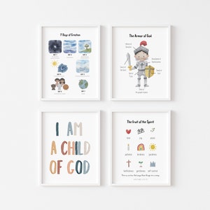 Set of 4 Kids Bible verse prints, I am a child of God The fruit of the spirit The armor of God, Bible Creation Church Sunday school decor