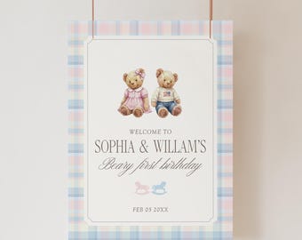 Pink & Blue Bearly First Birthday Welcome Sign Template | Editable  Twin Siblings Teddy Bear Digital Download