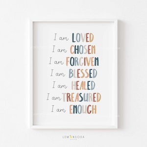 Arte de pared imprimible con afirmaciones bíblicas para niños, &quot;Soy bendecido, amado&quot;, versículo bíblico bohemio para niños, decoración de pared para iglesia, guardería, escuela dominical