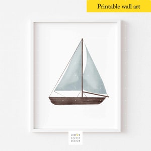 Nautical Nursery Wall Art, Beach House Coastal Sailboat Print, Vintage Baby Boy Nursery Decor, Blue Travel Kids Room Decor, Sailing Art