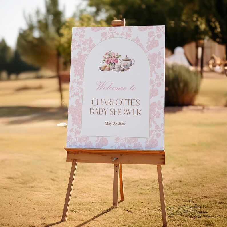 Time For Tea Sign Time for Tea Baby Shower Pink Toile Floral Welcome Sign Template - Etsy
