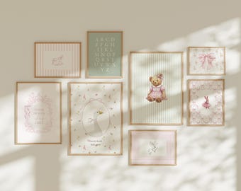 Coquette Pink Sage Teddy Bear Girls Nursery Wall Art Print