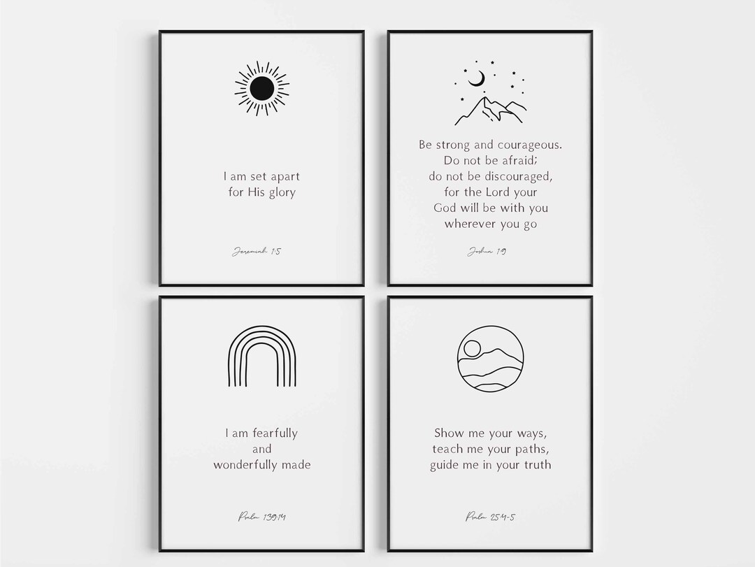 Set of 4 Nursery Bible Verse Prints, Kids Room Scripture Bundle, Modern Minimalist Christian