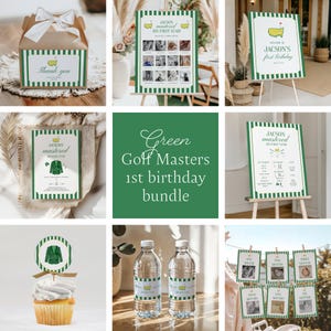May include: A selection of green and white golf-themed party decorations. Includes a gift box, welcome sign, photo display, cupcake topper, water bottles, and a sign that reads "Green Golf Masters 1st birthday bundle."