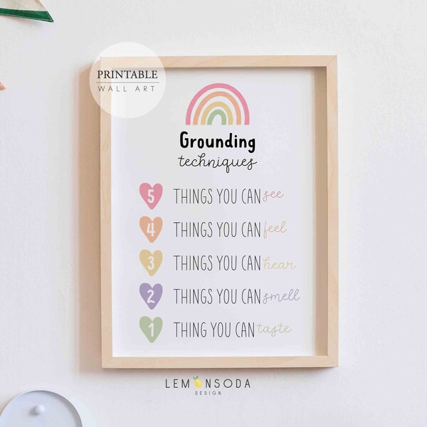 Pastel Grounding technique poster, Kids mental health print, Therapist School Psychologist Office calming zone decor, digital download