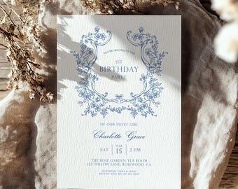 Dusty Blue Floral Toile de Jouy Birthday Invitation (Editable Template)