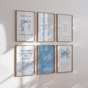May include: Set of eight blue and white printable wall art prints with inspirational quotes and designs. The prints feature a bow, boots, and floral patterns.