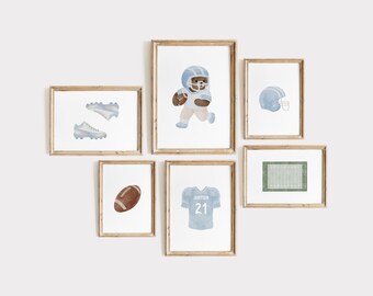 Vintage Light Blue Football Teddy Bear Nursery Wall Art Print