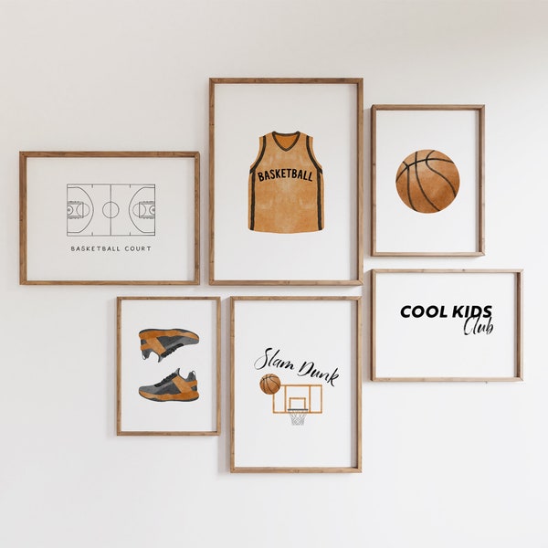 basket ball wall decor set of 6 gallery digital prints, Vintage Sports nursery wall decor, boys Playroom wall decor, Kids Athlete wall art