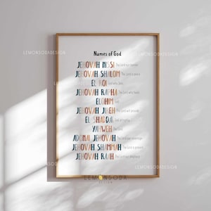 The names of God Boho kids Christian PRINTABLE nursery wall decor, Jehovah Rapha Jireh Nissi Shalom, Church Sunday school Classroom poster